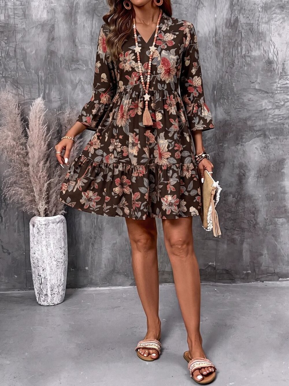 Brown Boho Women's Print Dress - Picture 7 of 7